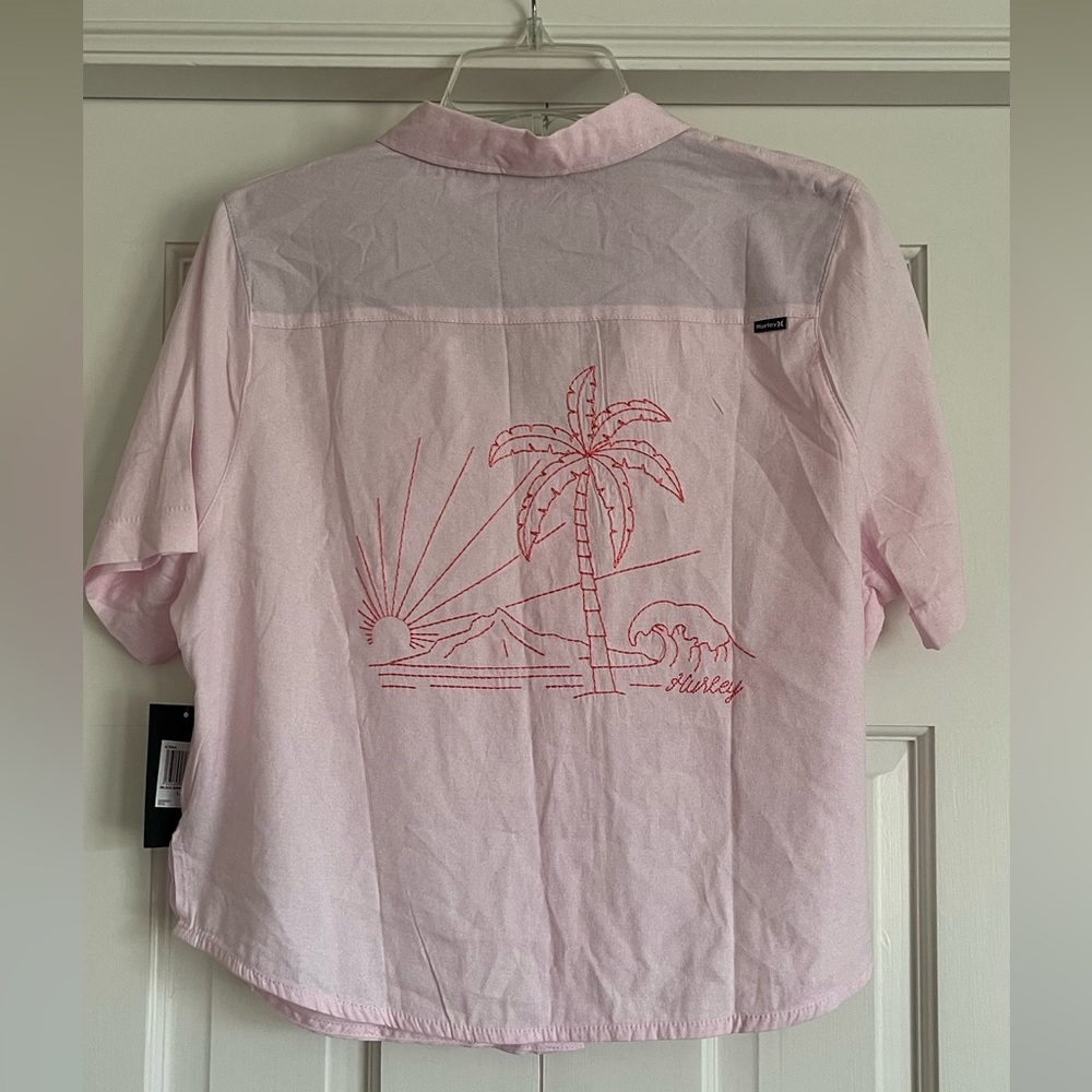 NWT Hurley Embroidered Beach Scene Pink Button Down Linen Shirt Size L